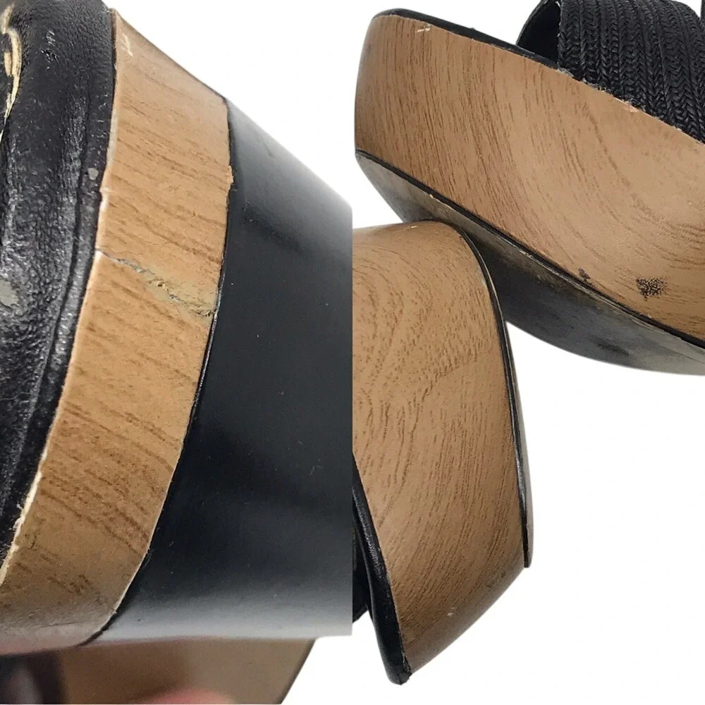 BEBE BLACK & TAN WOODEN PLATFORM‎ SANDAL HIGH HEEL